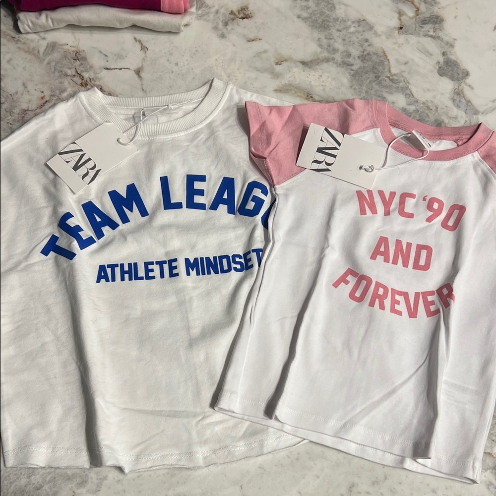NEW Zara Kids White Tees Blue and Pink Graphics - size 9-10
